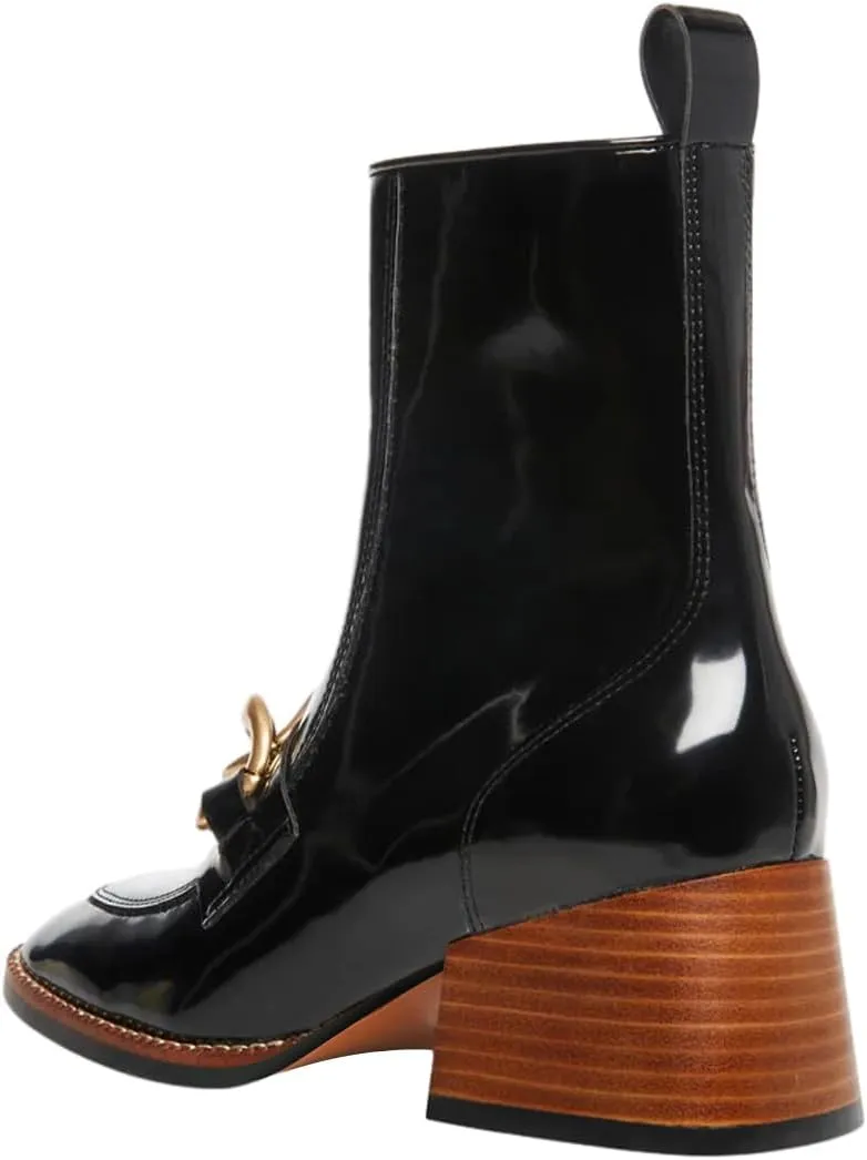 XYD Women's Square Toe Chunky Cork Low Heels Ankle Boots Metal Chain Side Zipper Glossy Fashion Casual Dress Short Booties Shoes
