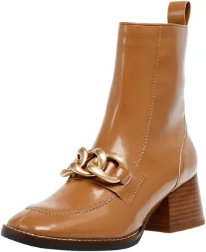 XYD Women's Square Toe Chunky Cork Low Heels Ankle Boots Metal Chain Side Zipper Glossy Fashion Casual Dress Short Booties Shoes
