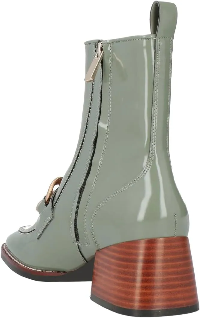 XYD Women's Square Toe Chunky Cork Low Heels Ankle Boots Metal Chain Side Zipper Glossy Fashion Casual Dress Short Booties Shoes