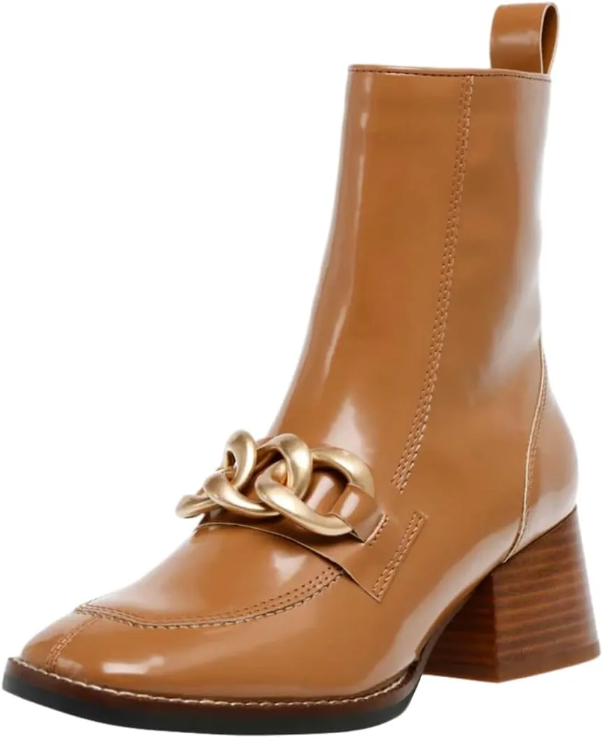XYD Women's Square Toe Chunky Cork Low Heels Ankle Boots Metal Chain Side Zipper Glossy Fashion Casual Dress Short Booties Shoes