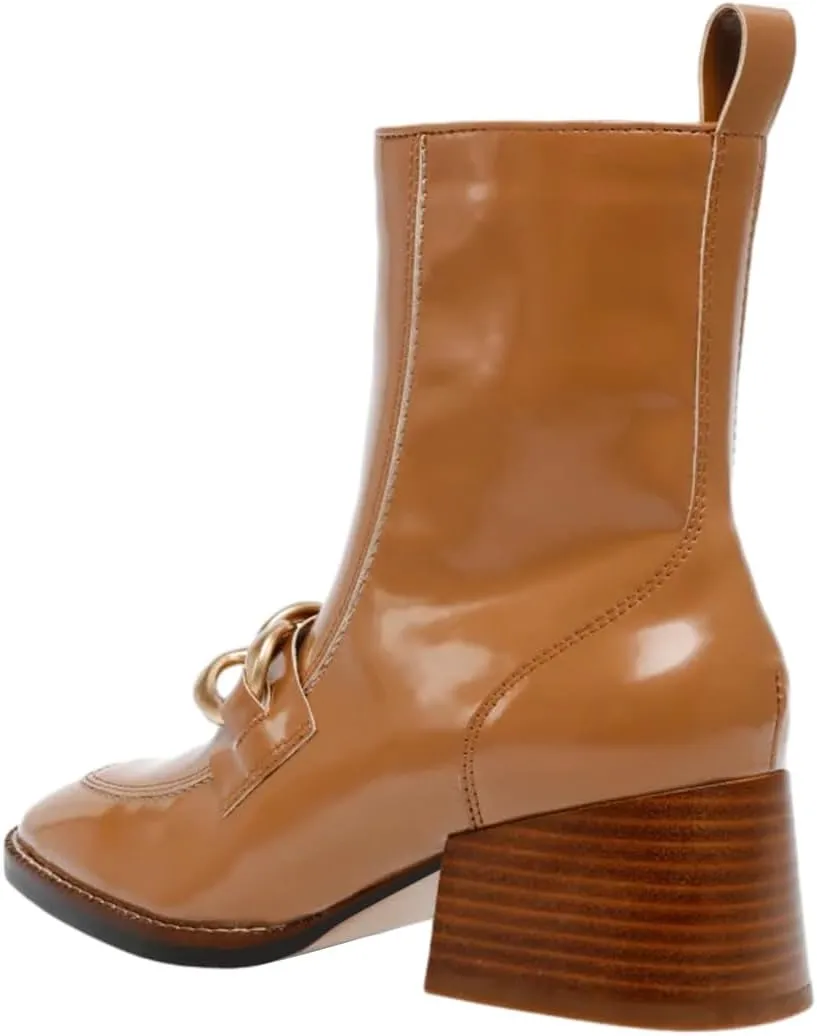 XYD Women's Square Toe Chunky Cork Low Heels Ankle Boots Metal Chain Side Zipper Glossy Fashion Casual Dress Short Booties Shoes