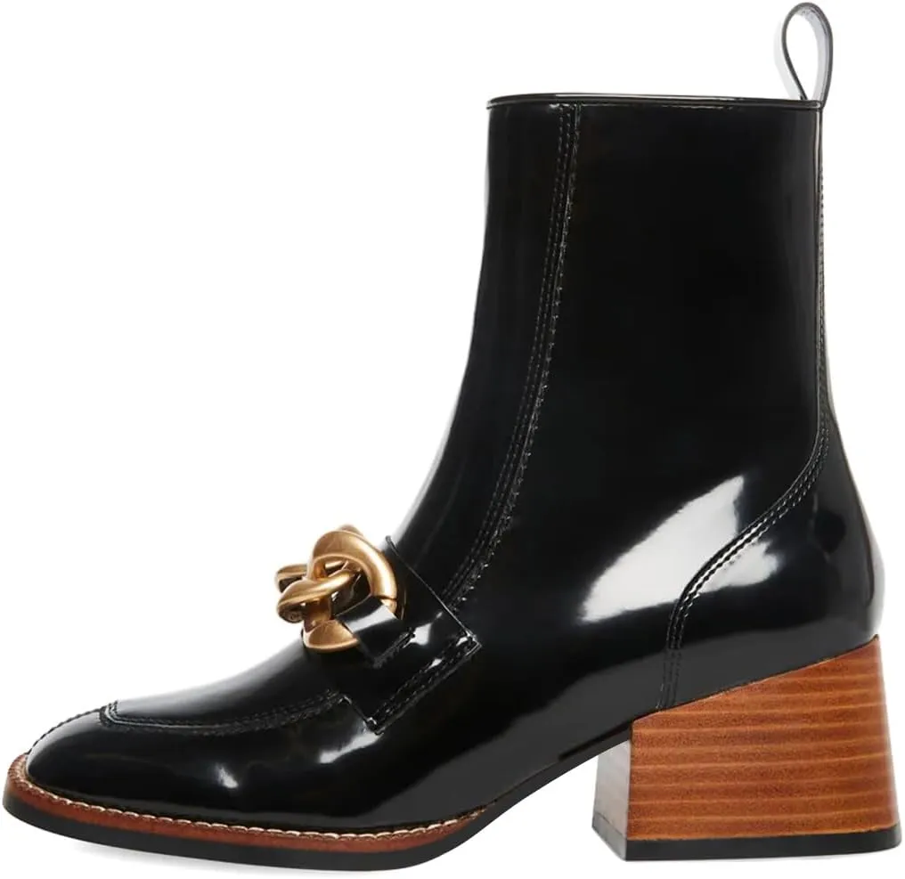 XYD Women's Square Toe Chunky Cork Low Heels Ankle Boots Metal Chain Side Zipper Glossy Fashion Casual Dress Short Booties Shoes