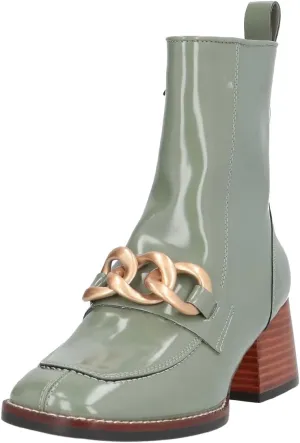 XYD Women's Square Toe Chunky Cork Low Heels Ankle Boots Metal Chain Side Zipper Glossy Fashion Casual Dress Short Booties Shoes
