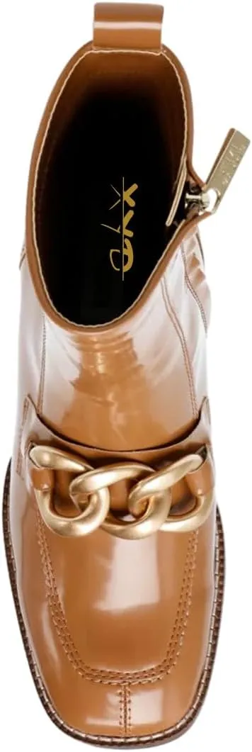 XYD Women's Square Toe Chunky Cork Low Heels Ankle Boots Metal Chain Side Zipper Glossy Fashion Casual Dress Short Booties Shoes
