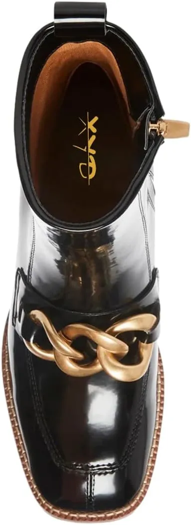 XYD Women's Square Toe Chunky Cork Low Heels Ankle Boots Metal Chain Side Zipper Glossy Fashion Casual Dress Short Booties Shoes