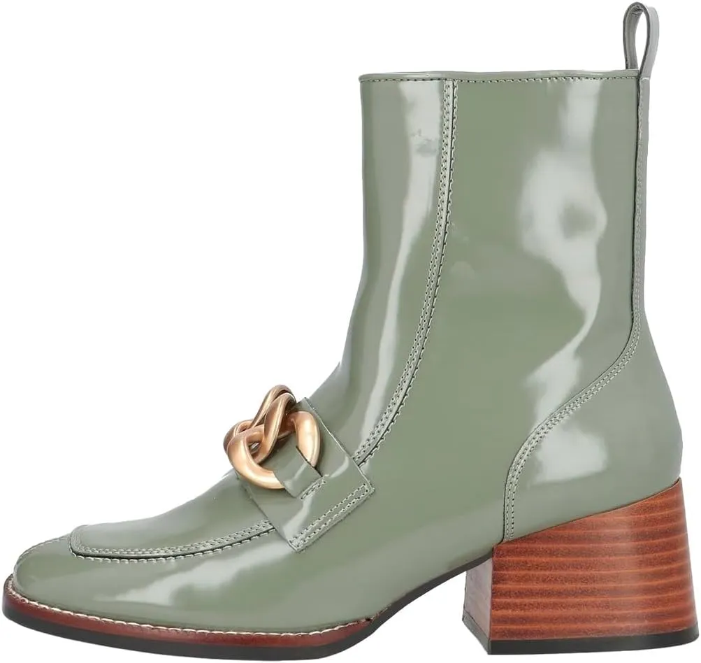 XYD Women's Square Toe Chunky Cork Low Heels Ankle Boots Metal Chain Side Zipper Glossy Fashion Casual Dress Short Booties Shoes