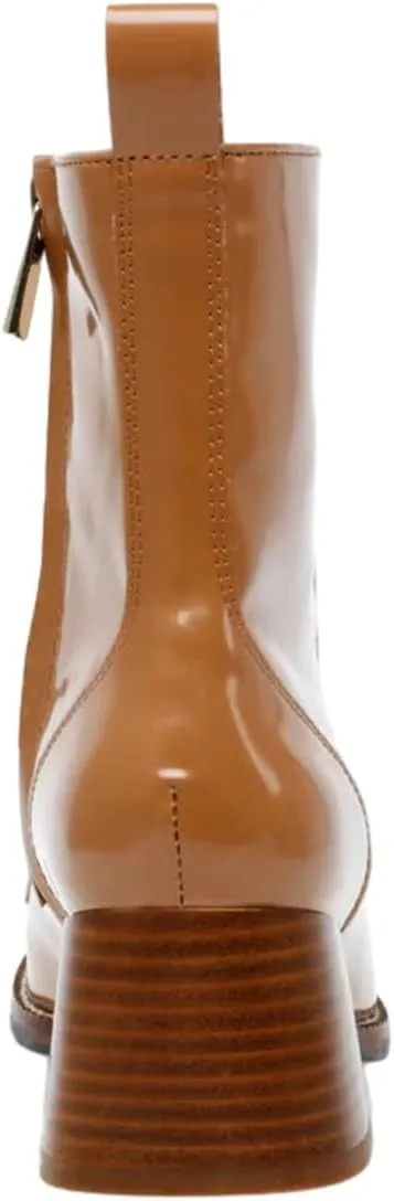 XYD Women's Square Toe Chunky Cork Low Heels Ankle Boots Metal Chain Side Zipper Glossy Fashion Casual Dress Short Booties Shoes