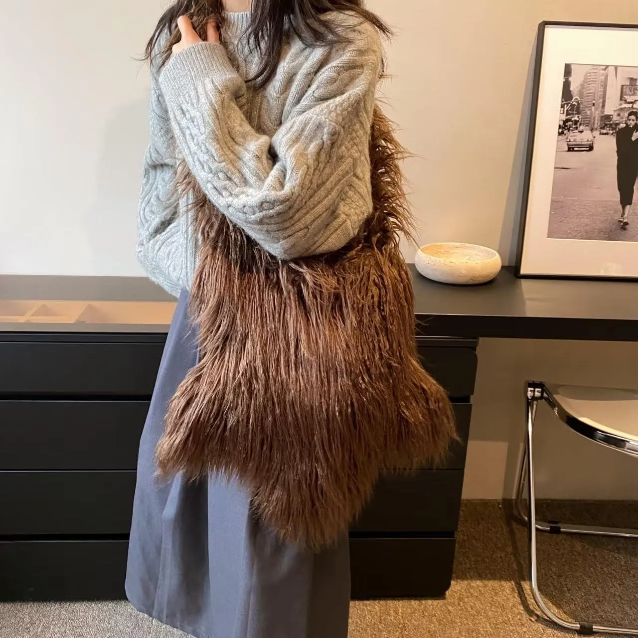 Y2K Furry Purse Star Shaped Heart-shaped Shoulder Bag Faux Fur Pentagram Handbag Fluffy Tote Plush Bag for Women