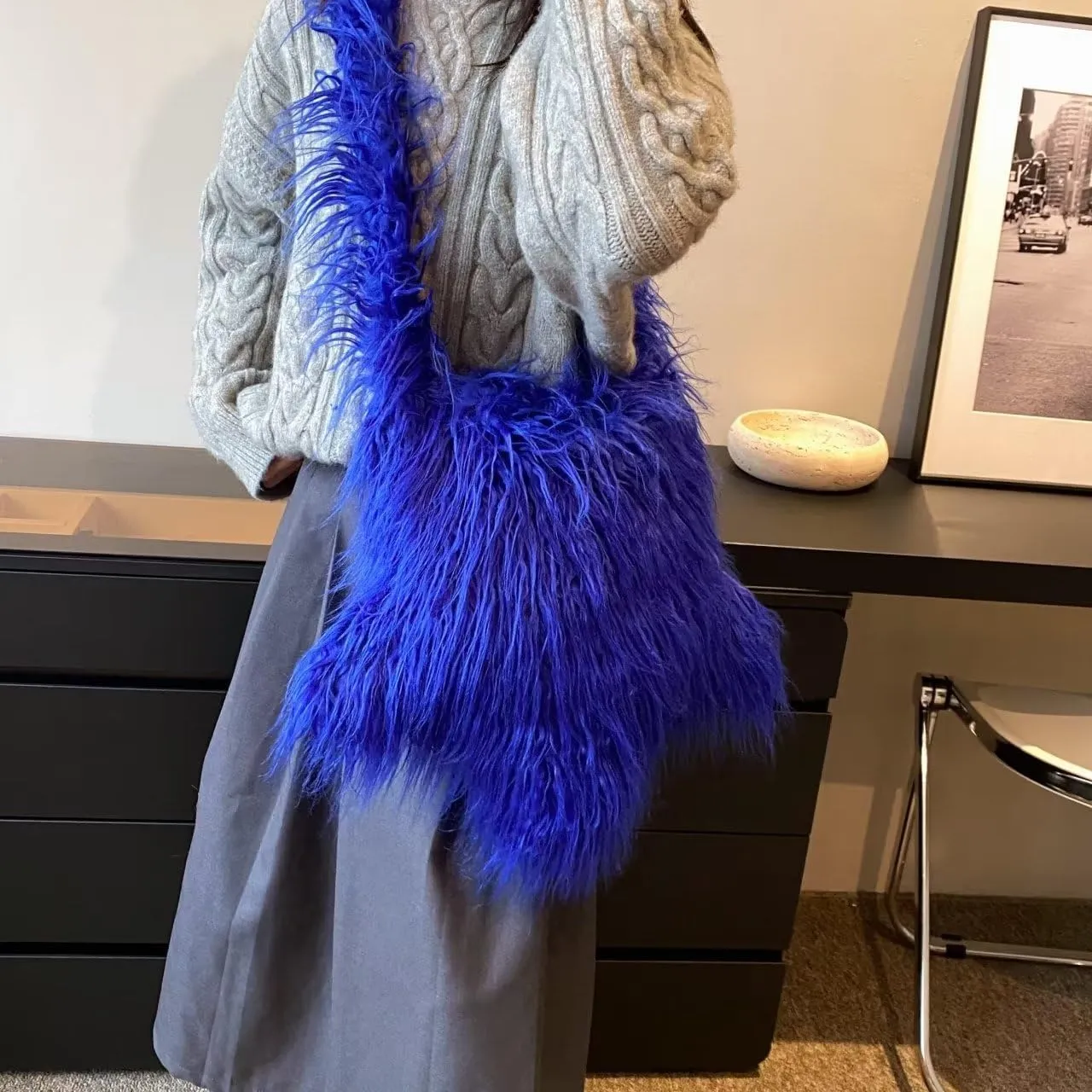 Y2K Furry Purse Star Shaped Heart-shaped Shoulder Bag Faux Fur Pentagram Handbag Fluffy Tote Plush Bag for Women