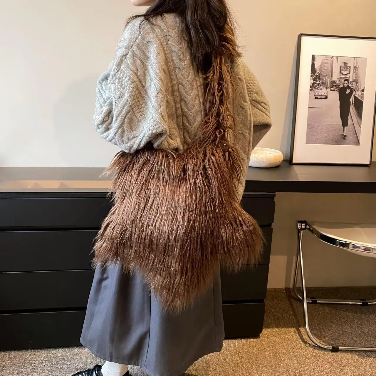 Y2K Furry Purse Star Shaped Heart-shaped Shoulder Bag Faux Fur Pentagram Handbag Fluffy Tote Plush Bag for Women