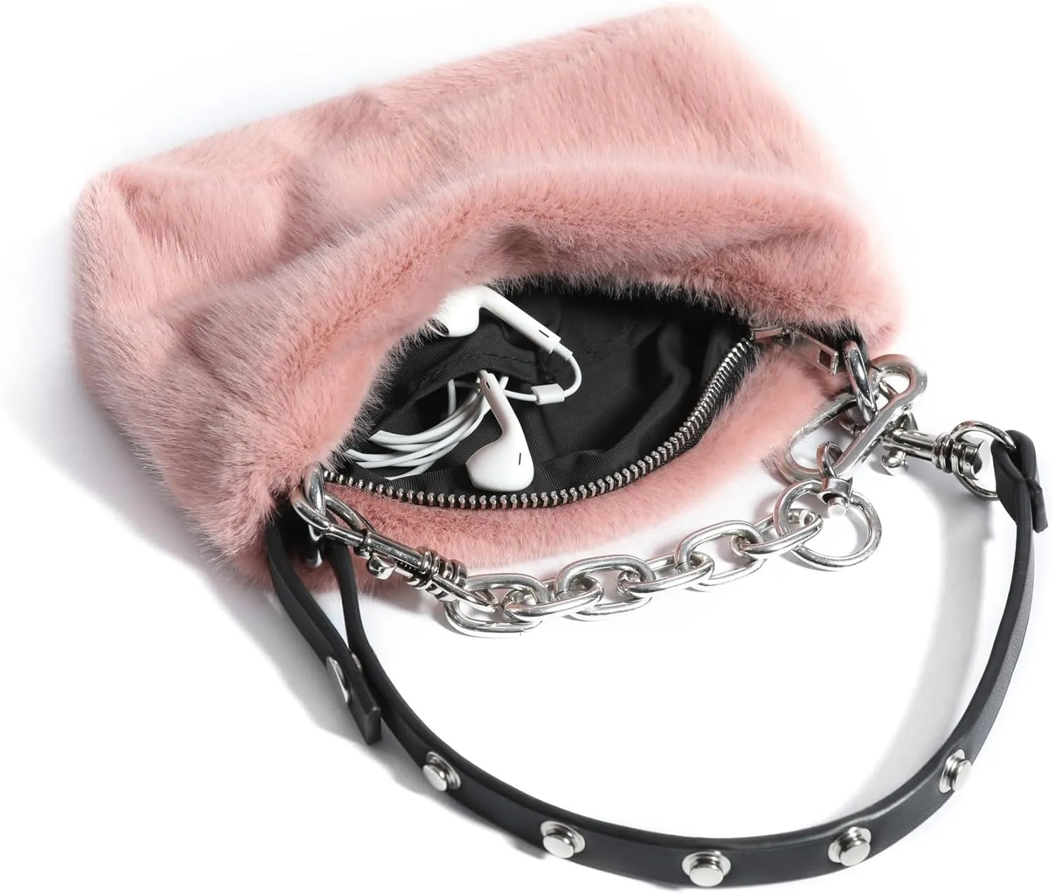Y2K Punk Fuzzy Shoulder Bag Women Silver Chain Solid Fuzzy Clutch Shoulder Fluffy Underarm Bag Tote Furry Bags