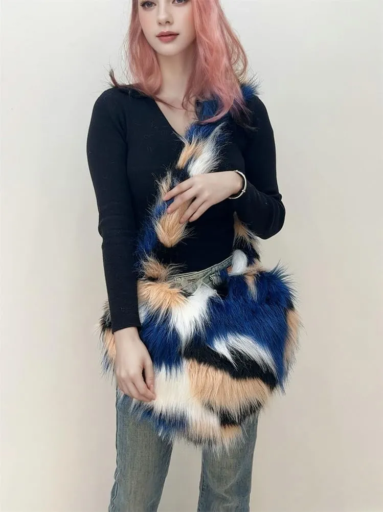Y2k Purse Crossbody Bags for Women Faux Fur Purse Heart Shaped Purse Satchel Multicolored Shoulder Bag Trendy Fuzzy Bag