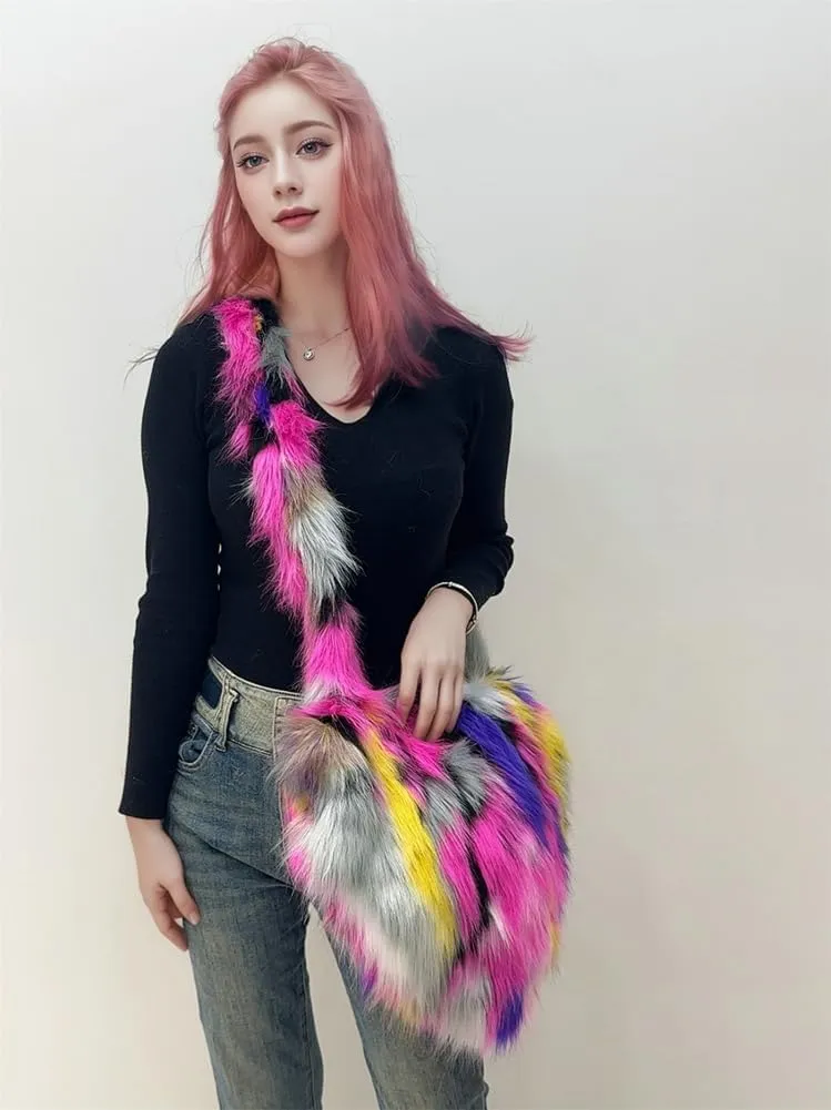Y2k Purse Crossbody Bags for Women Faux Fur Purse Heart Shaped Purse Satchel Multicolored Shoulder Bag Trendy Fuzzy Bag