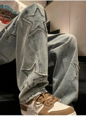 Y2K Vintage Men Korean Blue Streetwear Oversize Star Aesthetic Straight Trousers Wide Leg Jeans Grunge Denim Pants