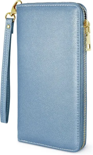 Yarnic Blue Woman Wallet Credit Card Holder Money Pockets Big Wristlet Wallet Case Coin Money Clip Organizer Purse with RFID Blocking Large Capacity with Zipper (light blue)