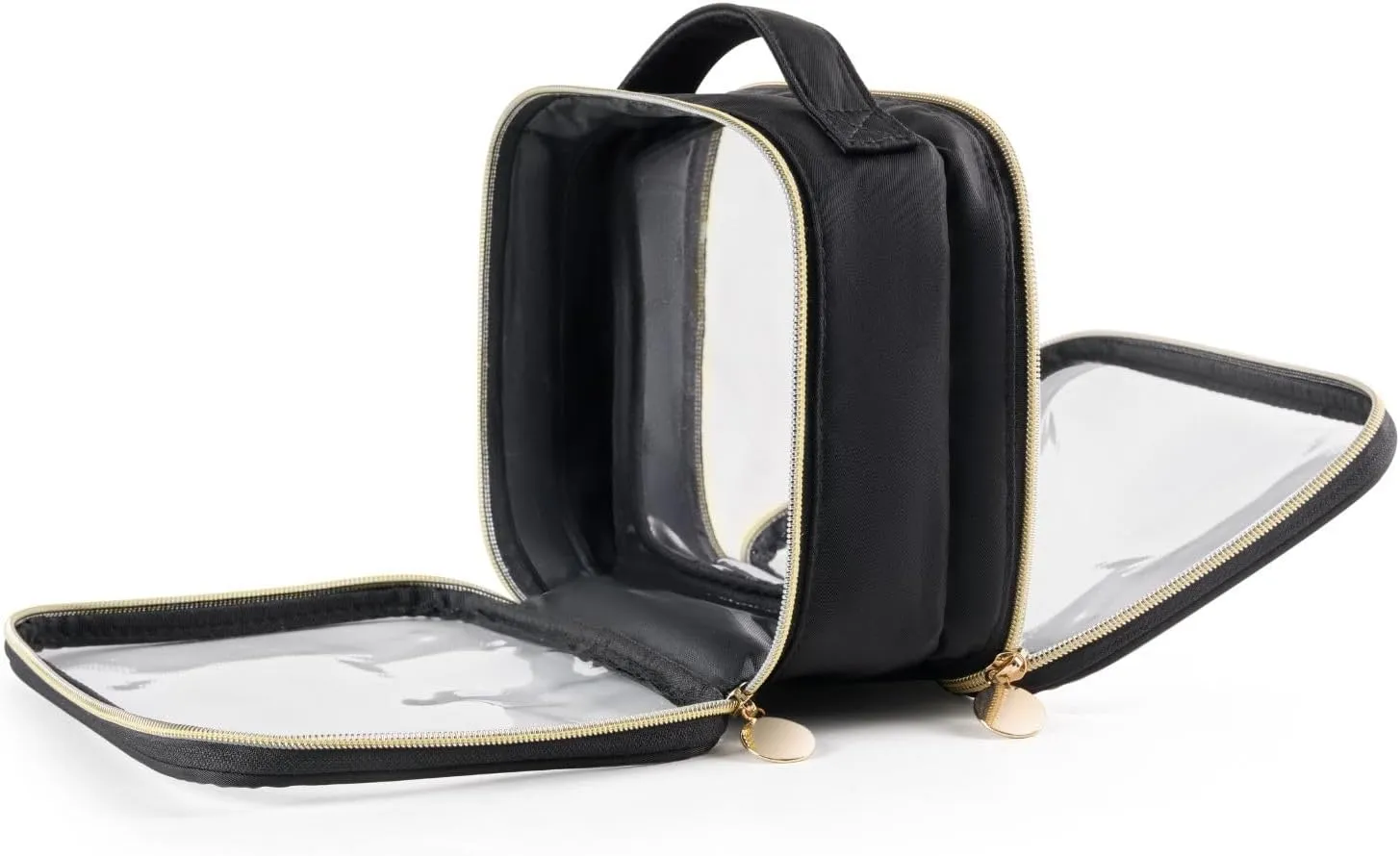Yarnic Clear Travel Makeup Bag Transparent Portable Toiletry Bags Two Compartments Cosmetic Bag with Handle Nylon and PVC Makeup Organizer Pouch Black