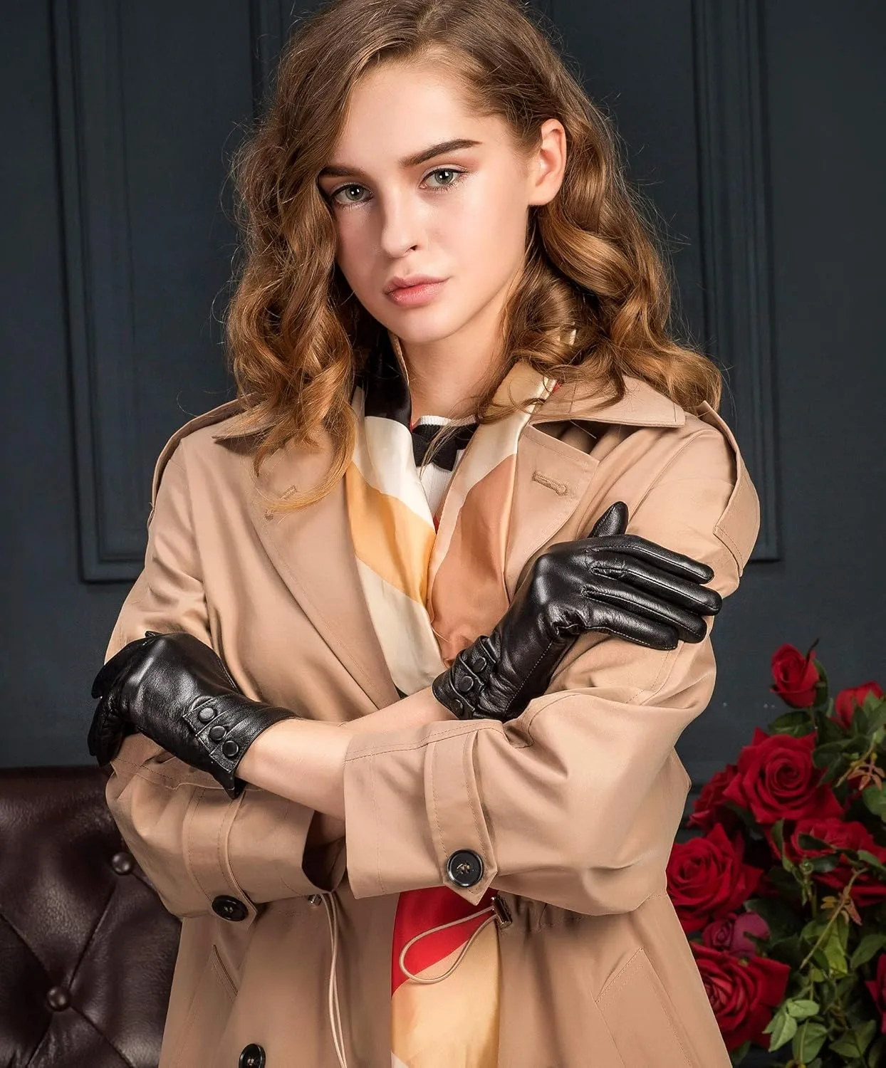 YISEVEN Women's Winter Driving Touchscreen Leather Gloves Wool Lined Buttoned Cuff