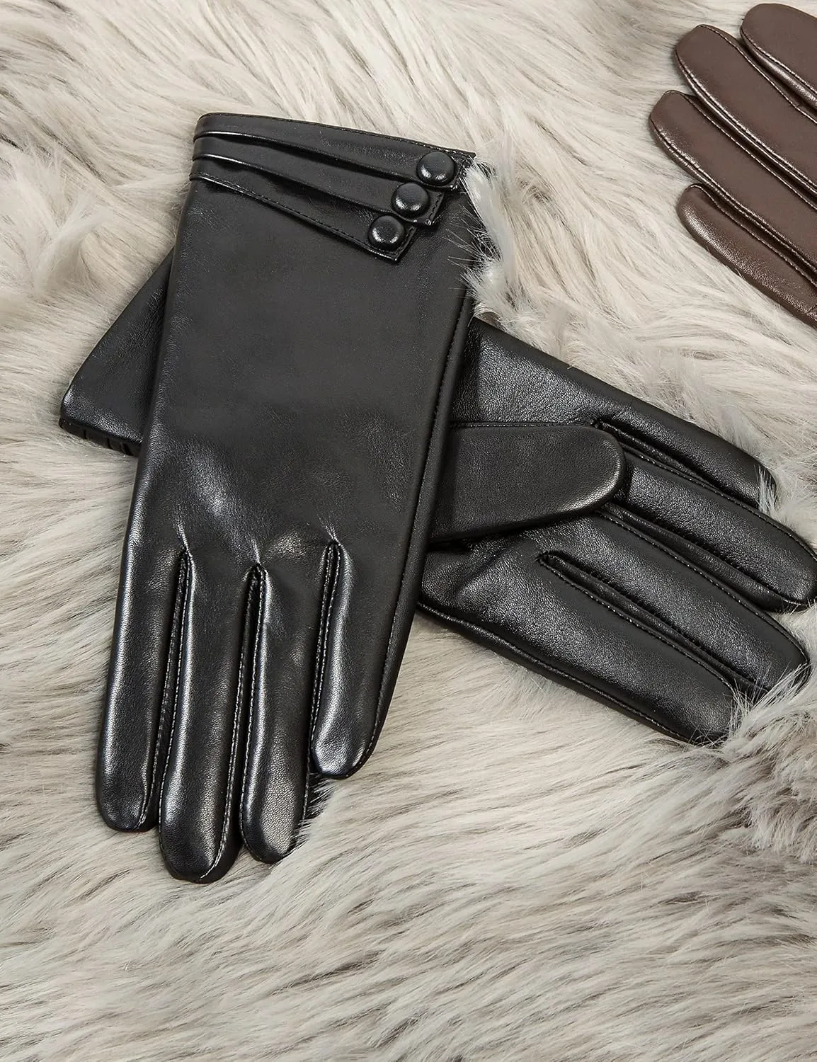 YISEVEN Women's Winter Driving Touchscreen Leather Gloves Wool Lined Buttoned Cuff