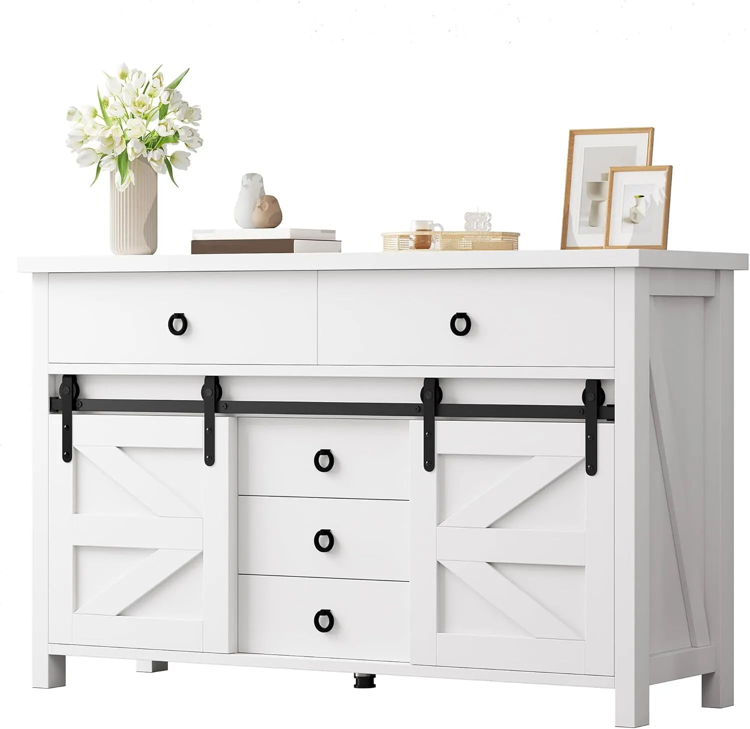 YITAHOME 54" Farmhouse Dresser for Bedroom, Large Modern Chest of Drawers, Wood Rustic Dresser TV Stand with 5 Drawers & 2 Sliding Barn Doors for Living Dining Room, Entryway, Hallway, White