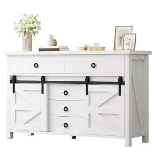 YITAHOME 54" Farmhouse Dresser for Bedroom, Large Modern Chest of Drawers, Wood Rustic Dresser TV Stand with 5 Drawers & 2 Sliding Barn Doors for Living Dining Room, Entryway, Hallway, White