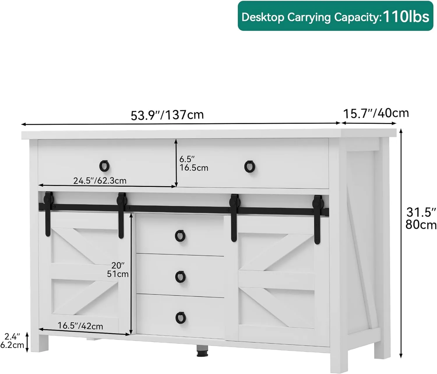 YITAHOME 54" Farmhouse Dresser for Bedroom, Large Modern Chest of Drawers, Wood Rustic Dresser TV Stand with 5 Drawers & 2 Sliding Barn Doors for Living Dining Room, Entryway, Hallway, White