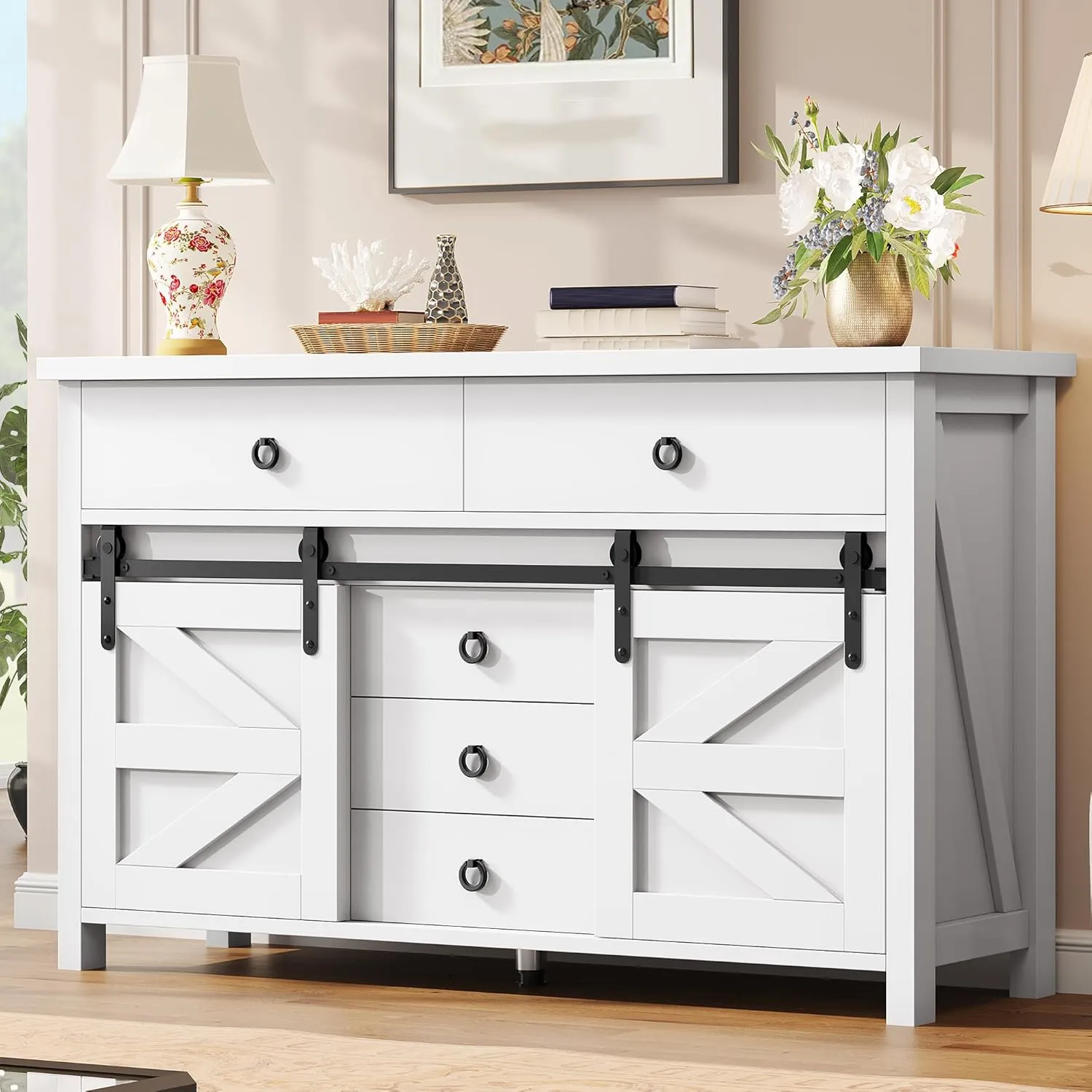 YITAHOME 54" Farmhouse Dresser for Bedroom, Large Modern Chest of Drawers, Wood Rustic Dresser TV Stand with 5 Drawers & 2 Sliding Barn Doors for Living Dining Room, Entryway, Hallway, White