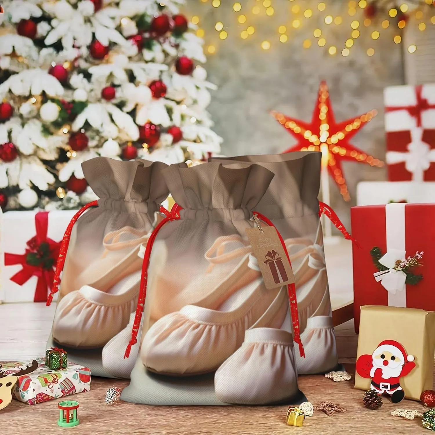 YKJJFVZ Ballet Shoes Print Versatile Drawstring Christmas Gift Bags,Burlap Material,Xmas Wrapping Bags,Candy Bags