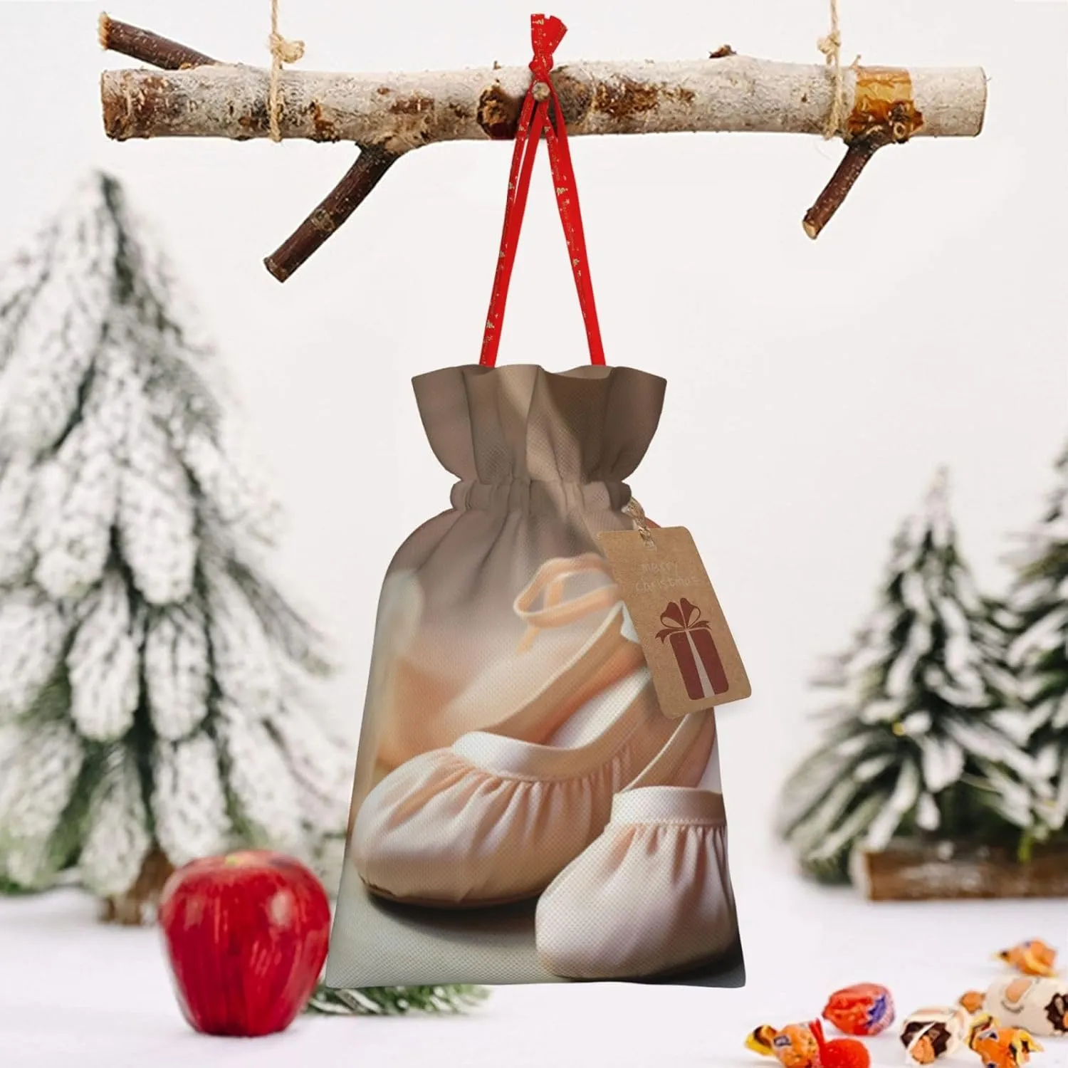 YKJJFVZ Ballet Shoes Print Versatile Drawstring Christmas Gift Bags,Burlap Material,Xmas Wrapping Bags,Candy Bags