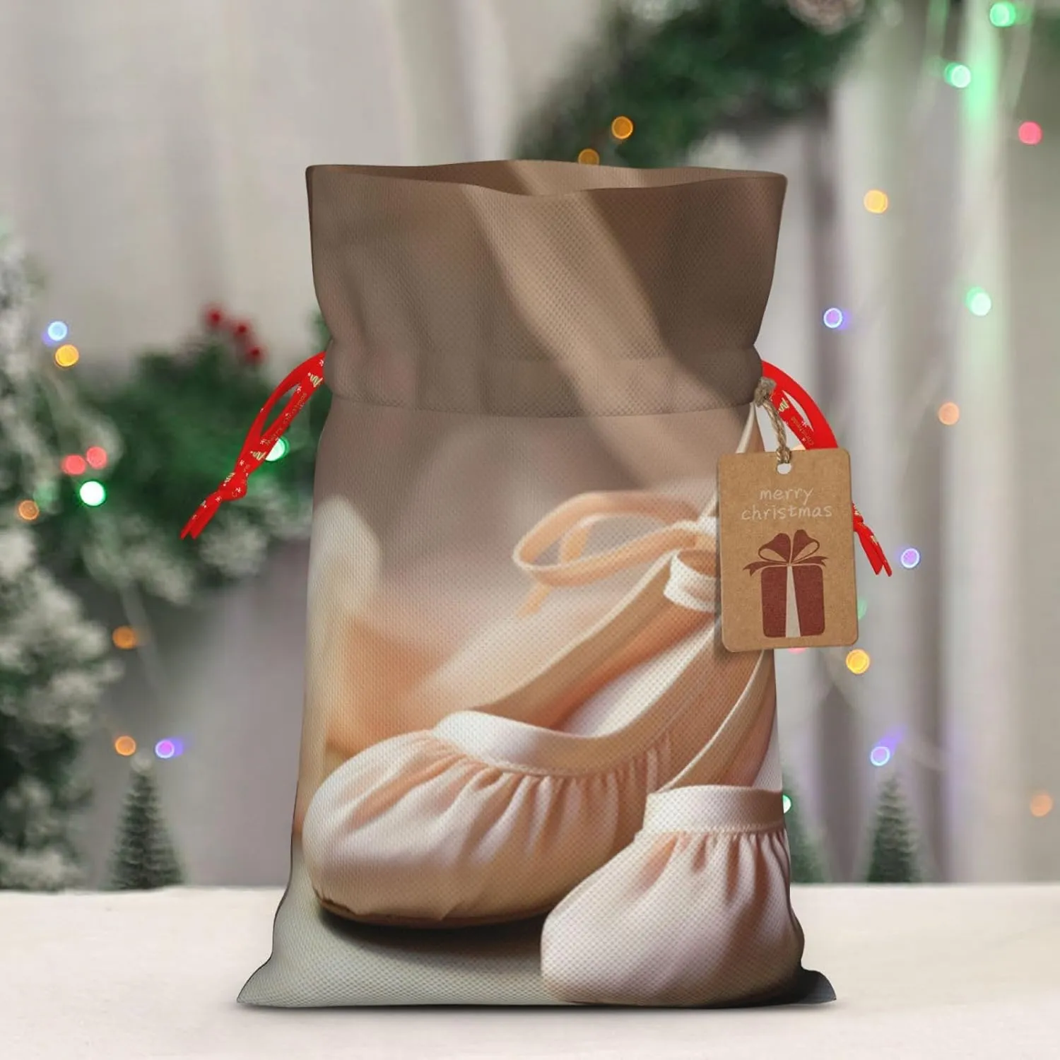 YKJJFVZ Ballet Shoes Print Versatile Drawstring Christmas Gift Bags,Burlap Material,Xmas Wrapping Bags,Candy Bags