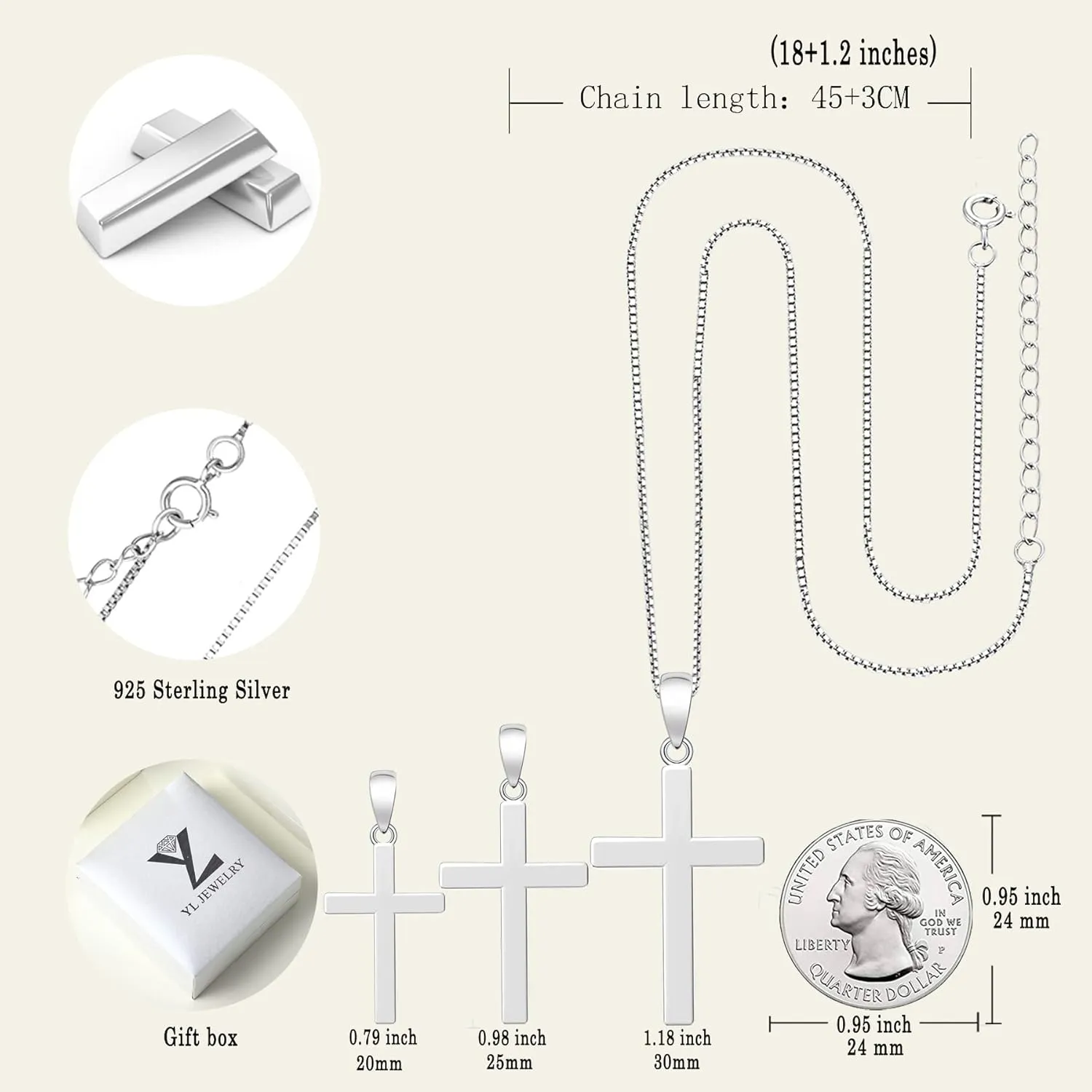YL Cross Necklace for Women Sterling Silver Plain Cross Pendant Necklace Simple Jewelry for Men (0.79-1.18")