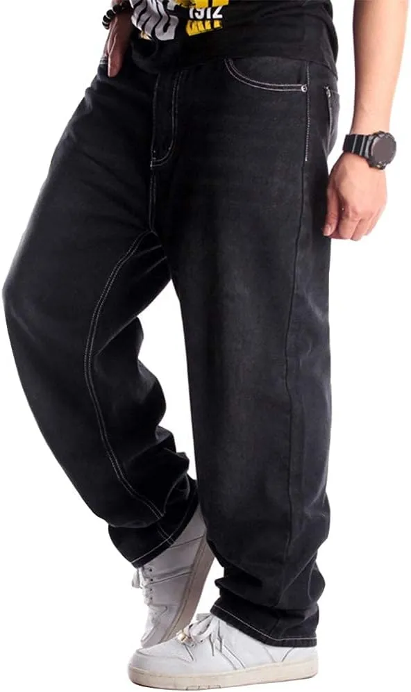Ylingjun Mens Baggy Hip Hop Jeans Casual Loose Fit Embroidered Skateboard Denim Pants