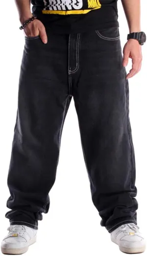 Ylingjun Mens Baggy Hip Hop Jeans Casual Loose Fit Embroidered Skateboard Denim Pants