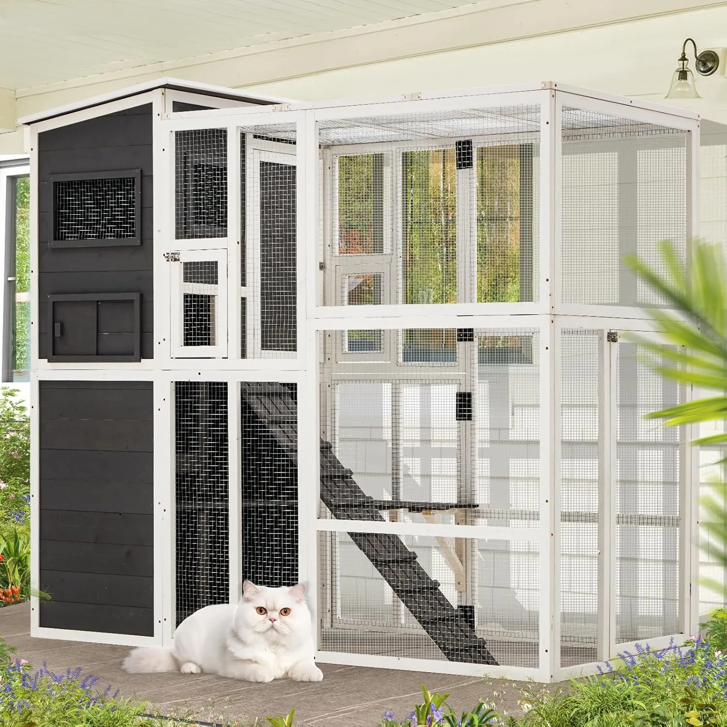 YODOLLA Catio Outdoor Cat Enclosure with Weatherproof Roof, Large Cat House, Spacious Cat Cage with 2 Resting Rooms, 2 Platforms and 4-Tier Design for Cats on Your Patio