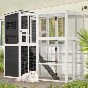 YODOLLA Catio Outdoor Cat Enclosure with Weatherproof Roof, Large Cat House, Spacious Cat Cage with 2 Resting Rooms, 2 Platforms and 4-Tier Design for Cats on Your Patio