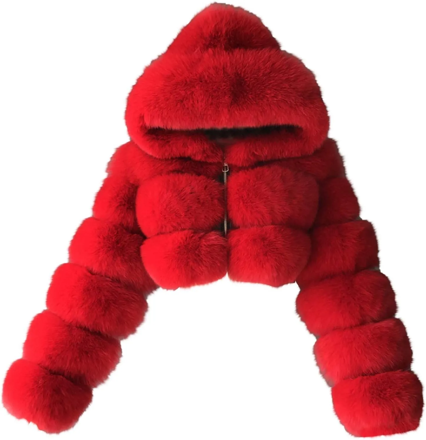 YRAETENM Womens Faux Fur Coat Trendy Zip Up Cropped Bubble Coats Long Sleeve Fleece Warm Short Winter Coats With Fuzzy Hoode