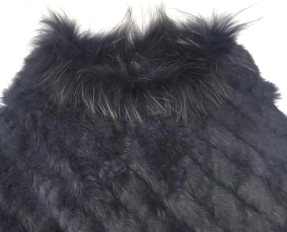 Yu He Women's New Womens Real Rabbit Fur Raccoon collar Poncho Knitted Cape Jacket Coat Shawl