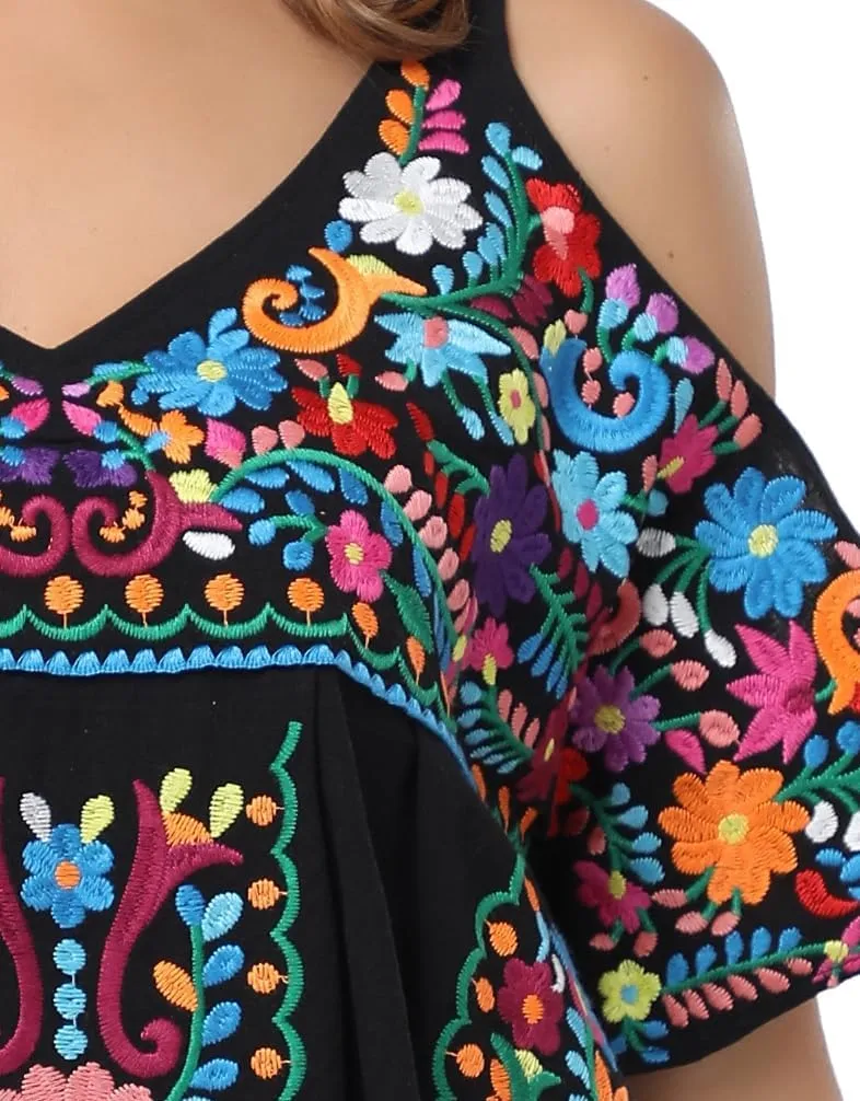 YZXDORWJ Women's Mexican Tops Cold Shoulder V Neck Sexy Blouse Short Sleeve Shirts Embroidered Floral Tunic
