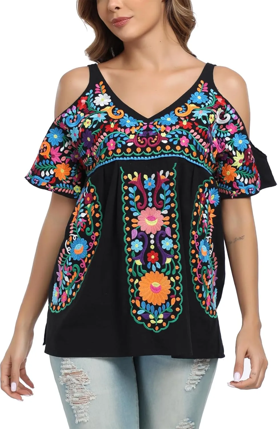 YZXDORWJ Women's Mexican Tops Cold Shoulder V Neck Sexy Blouse Short Sleeve Shirts Embroidered Floral Tunic