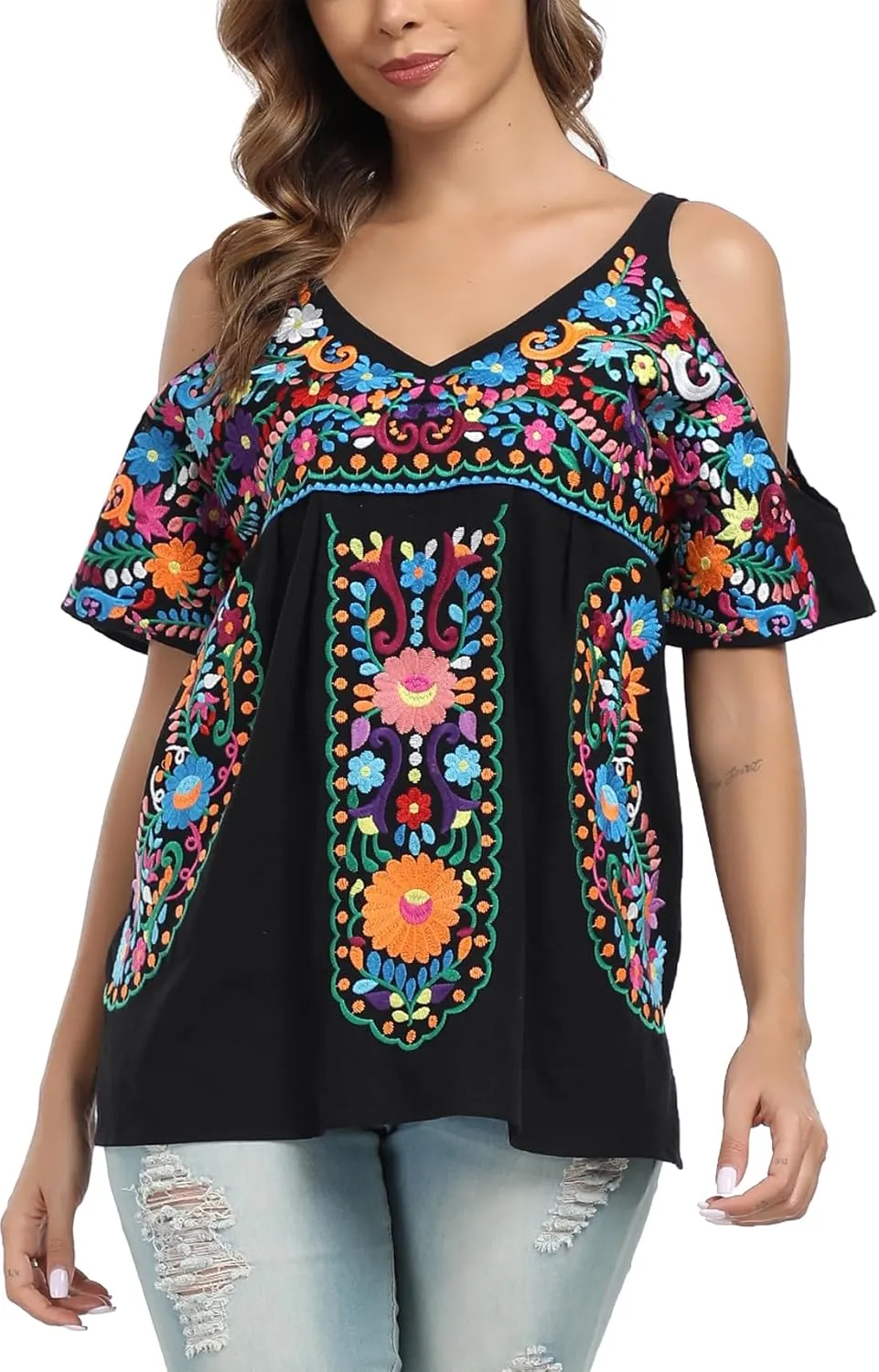 YZXDORWJ Women's Mexican Tops Cold Shoulder V Neck Sexy Blouse Short Sleeve Shirts Embroidered Floral Tunic