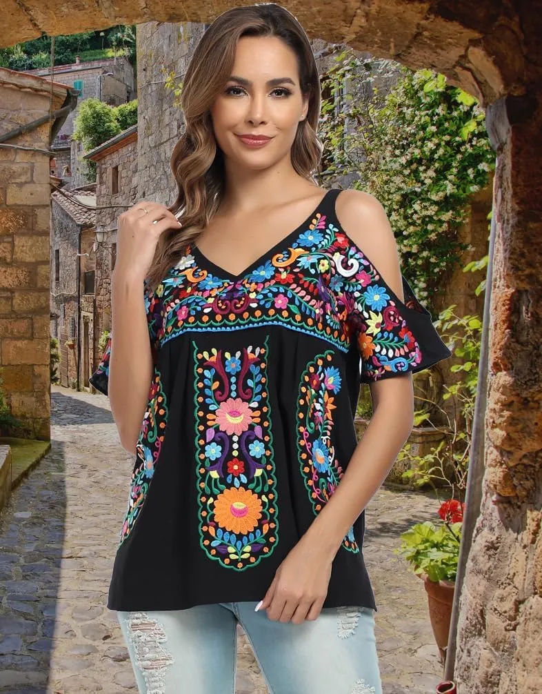 YZXDORWJ Women's Mexican Tops Cold Shoulder V Neck Sexy Blouse Short Sleeve Shirts Embroidered Floral Tunic