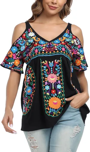 YZXDORWJ Women's Mexican Tops Cold Shoulder V Neck Sexy Blouse Short Sleeve Shirts Embroidered Floral Tunic