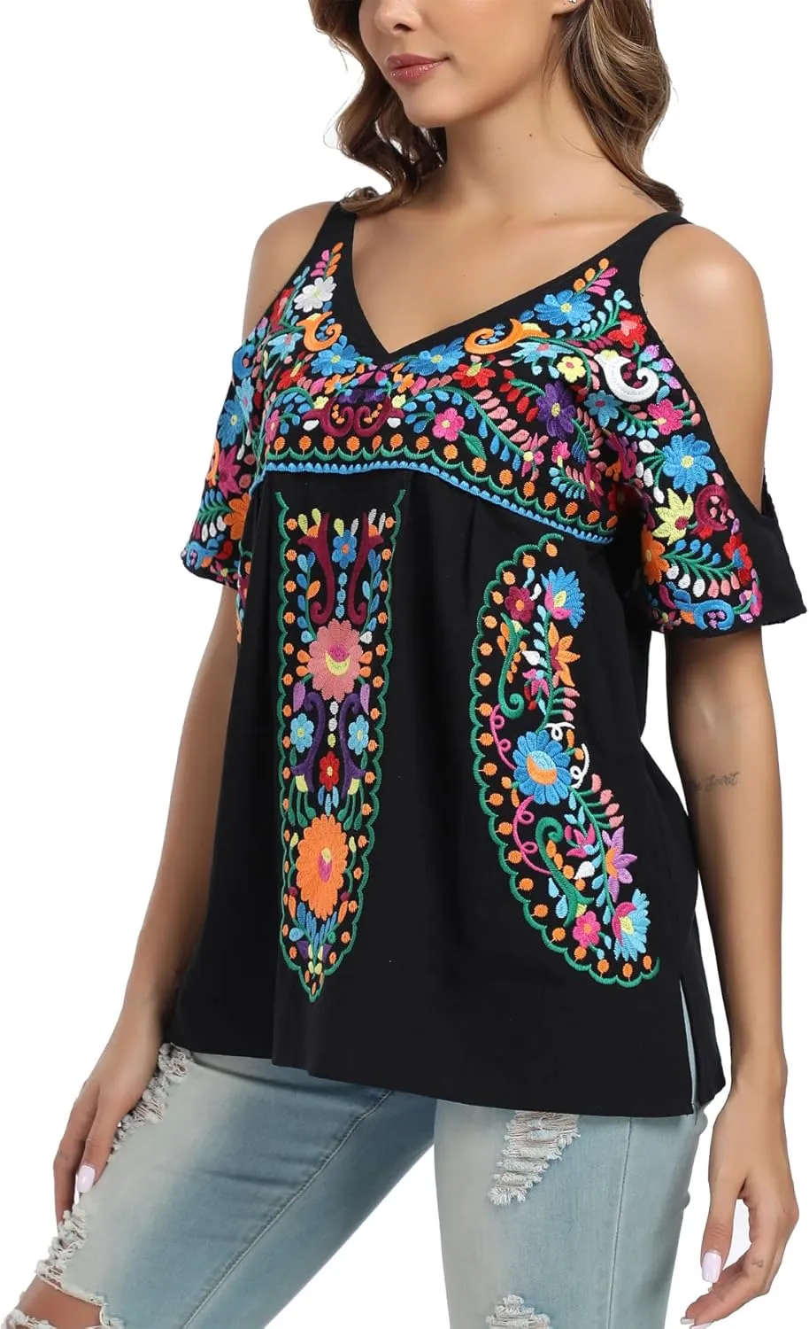 YZXDORWJ Women's Mexican Tops Cold Shoulder V Neck Sexy Blouse Short Sleeve Shirts Embroidered Floral Tunic