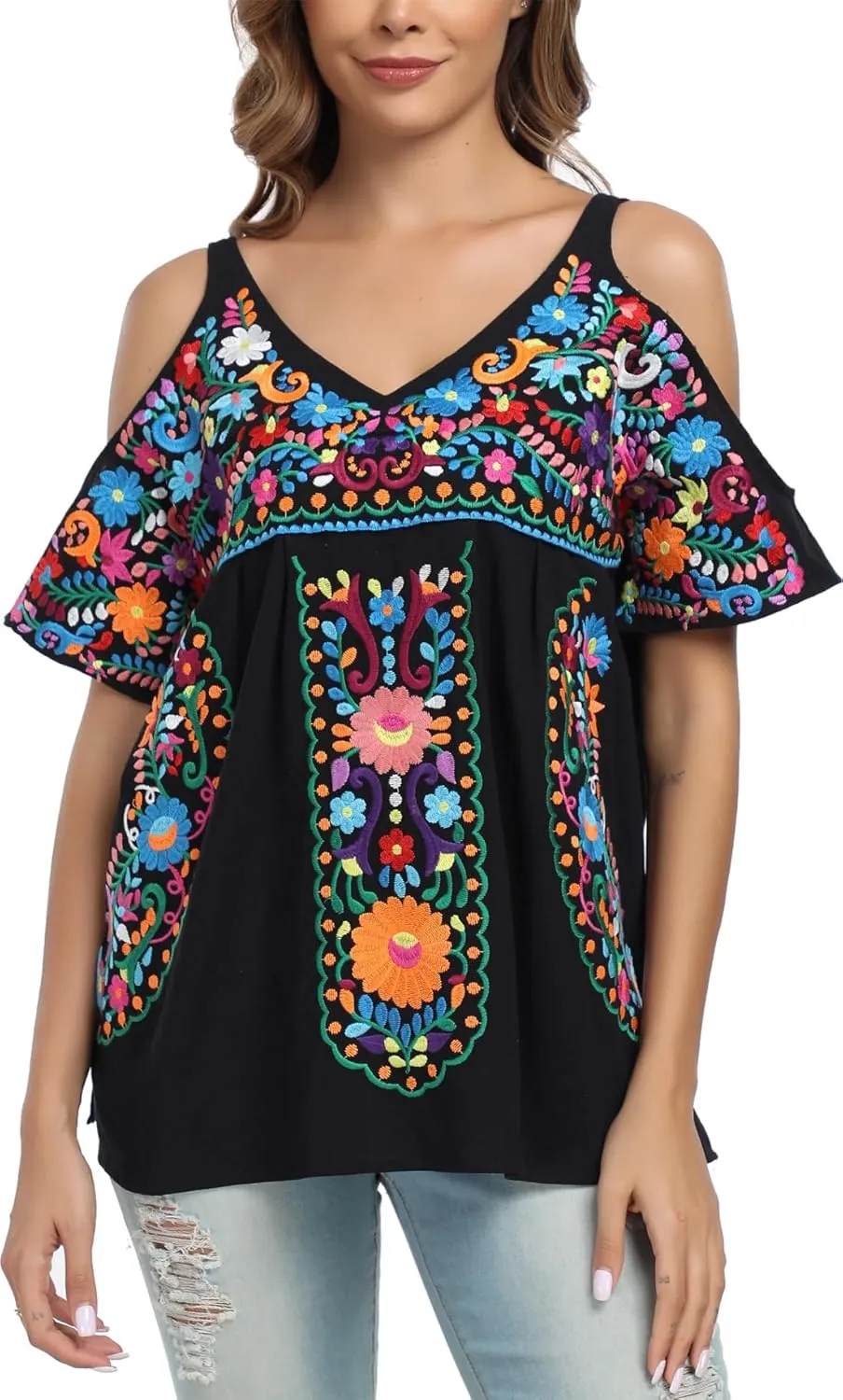 YZXDORWJ Women's Mexican Tops Cold Shoulder V Neck Sexy Blouse Short Sleeve Shirts Embroidered Floral Tunic