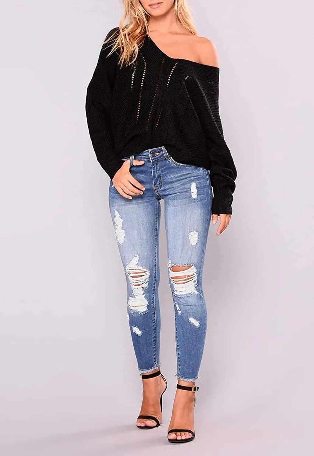 ZERMOM Ripped Skinny Jeans for Women Destroyed Mid Rise Stretch Denim Pants