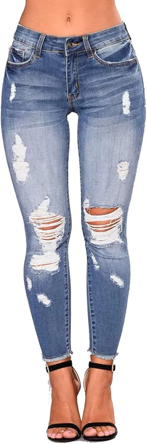 ZERMOM Ripped Skinny Jeans for Women Destroyed Mid Rise Stretch Denim Pants