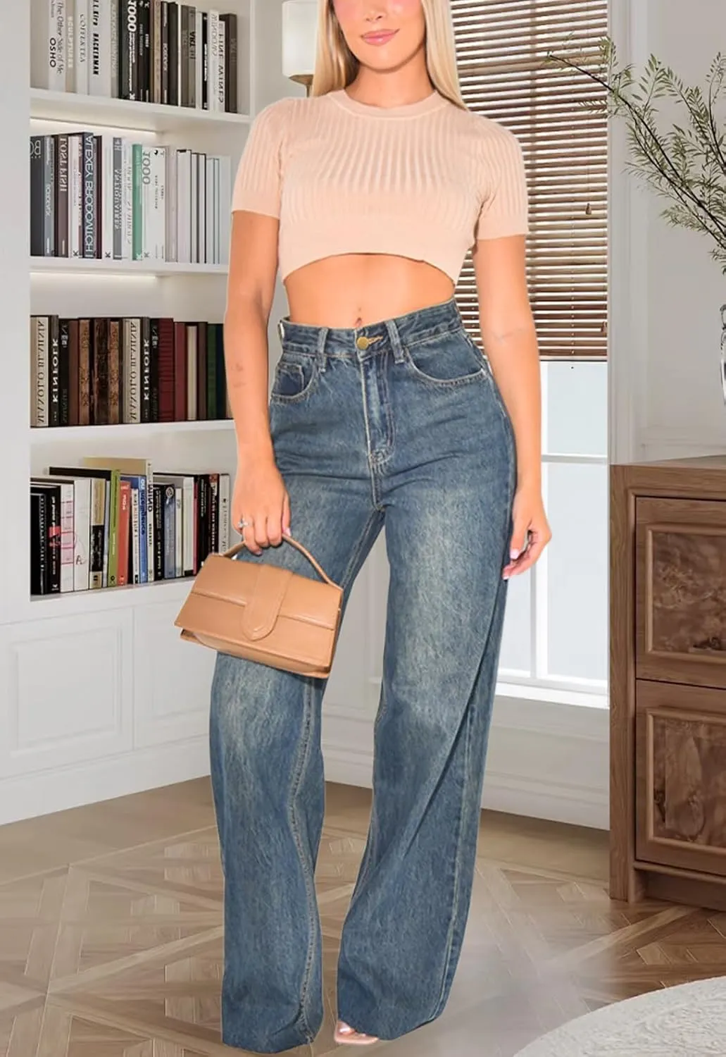 ZERMOM Women's Wide Leg Jeans Casual Stretch High Rise Baggy Loose Denim Pants
