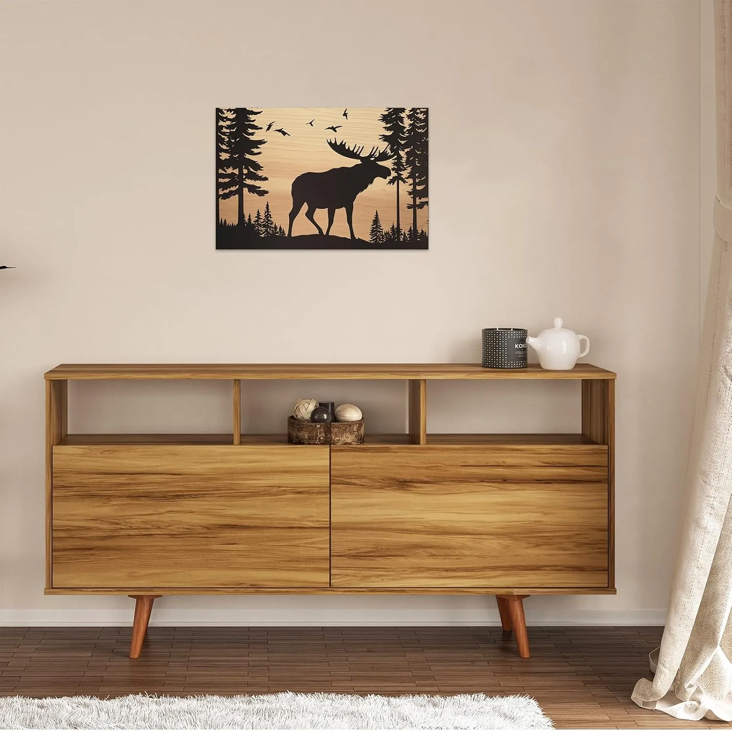 ZHOUWALLPIC Canvas Wall Art Animal，Wild Moose on Forest Paintings，Rustic Cabin Animal Picture Prints Home Decor Framed Ready To Hang(Moose,12x18inch (30x45cm))