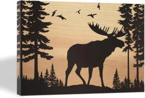 ZHOUWALLPIC Canvas Wall Art Animal，Wild Moose on Forest Paintings，Rustic Cabin Animal Picture Prints Home Decor Framed Ready To Hang(Moose,12x18inch (30x45cm))