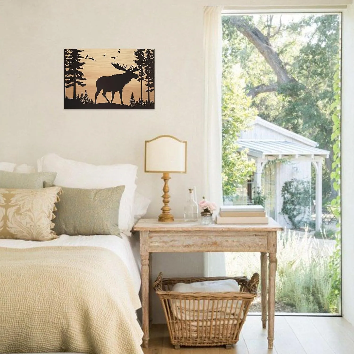 ZHOUWALLPIC Canvas Wall Art Animal，Wild Moose on Forest Paintings，Rustic Cabin Animal Picture Prints Home Decor Framed Ready To Hang(Moose,12x18inch (30x45cm))