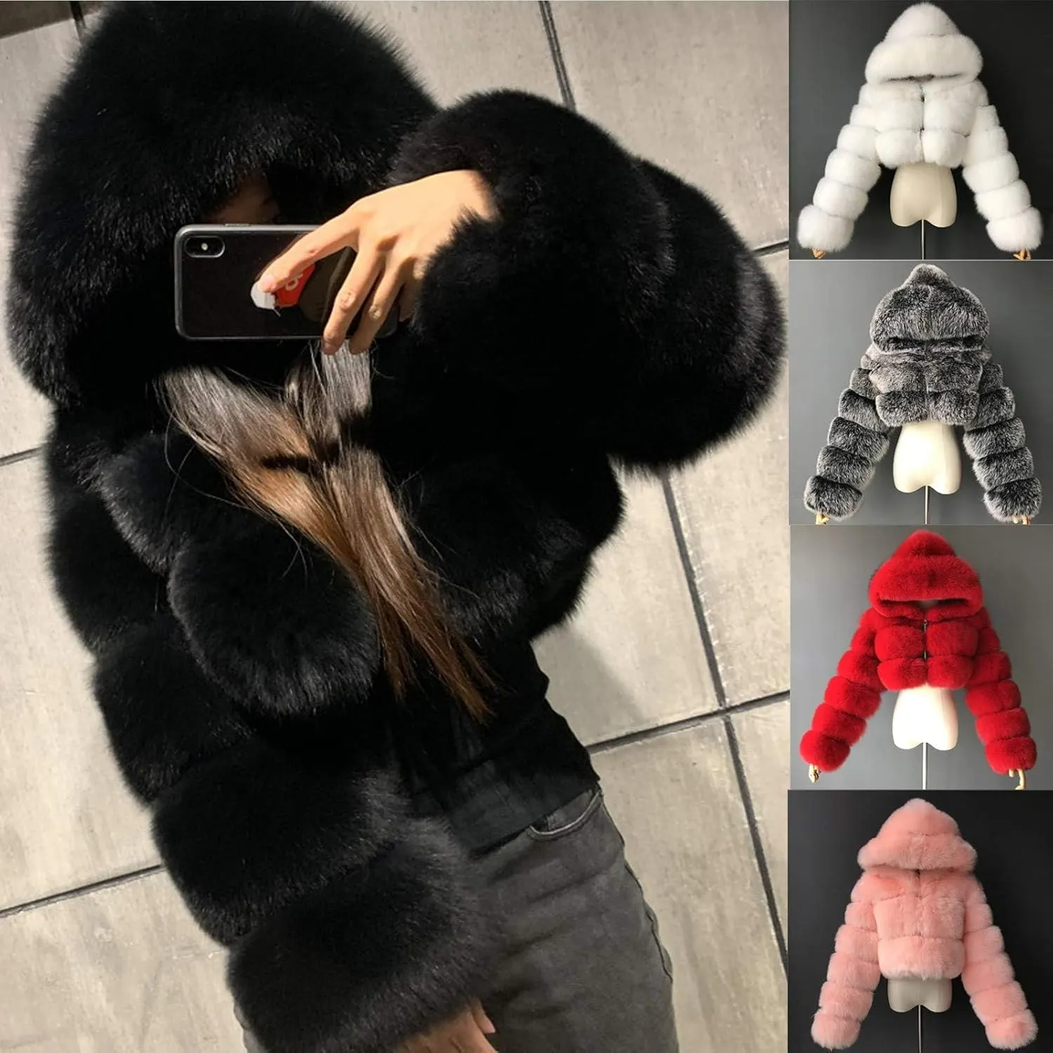 ZHOUYF Women Winter Warm Shearling Jackets Fuzzy Fleece Hooded Overcoat Bubble Fleece Outerwear Fluffy Faux Fur Short Coats